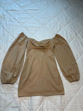 Princess Polly Camel Off-Shoulder Balloon Sleeve Mini Dress